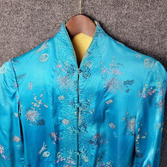 Vtg Peony Chinese Silk-Like Jacket Womens Small Blue Embroidered Mandarin Collar - Picture 2 of 12